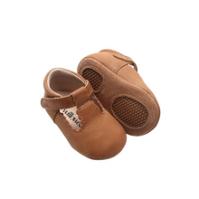 Load image into Gallery viewer, Baby &amp; Toddler Soft Sole T-bar Shoes, the perfect first walking shoes, featuring scalloped edging, made from wax leather with soft suede soles, easy-to-fasten with a velcro strap.

