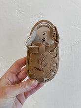 Load image into Gallery viewer, Baby Willow Sandal, made from soft wax leather, featuring a Willow leaf embroidery, soft suede soles, and a velcro strap, with a closed-in toe and heel design, perfect for both boys and girls.
